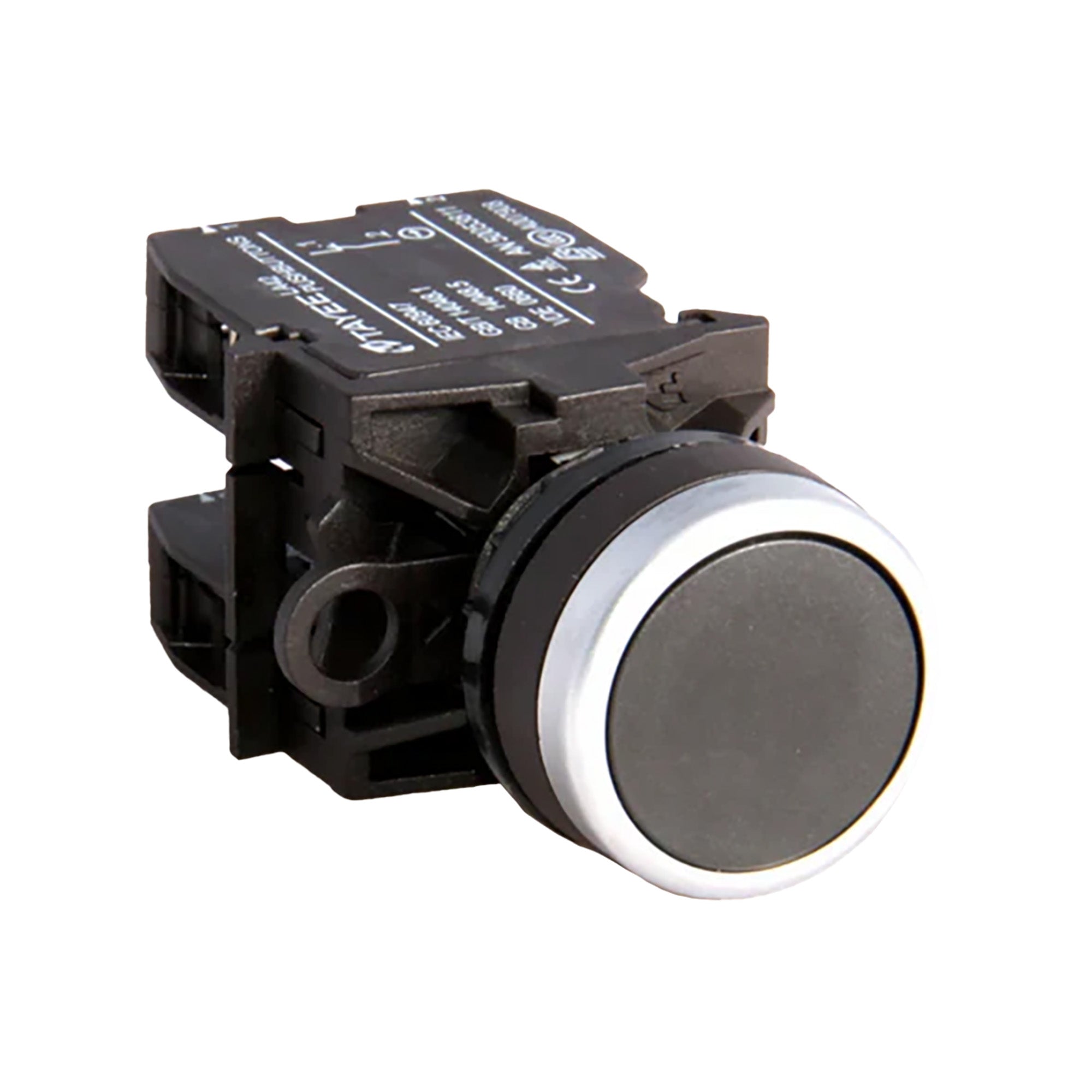 Black button switch with black casing on a white background.