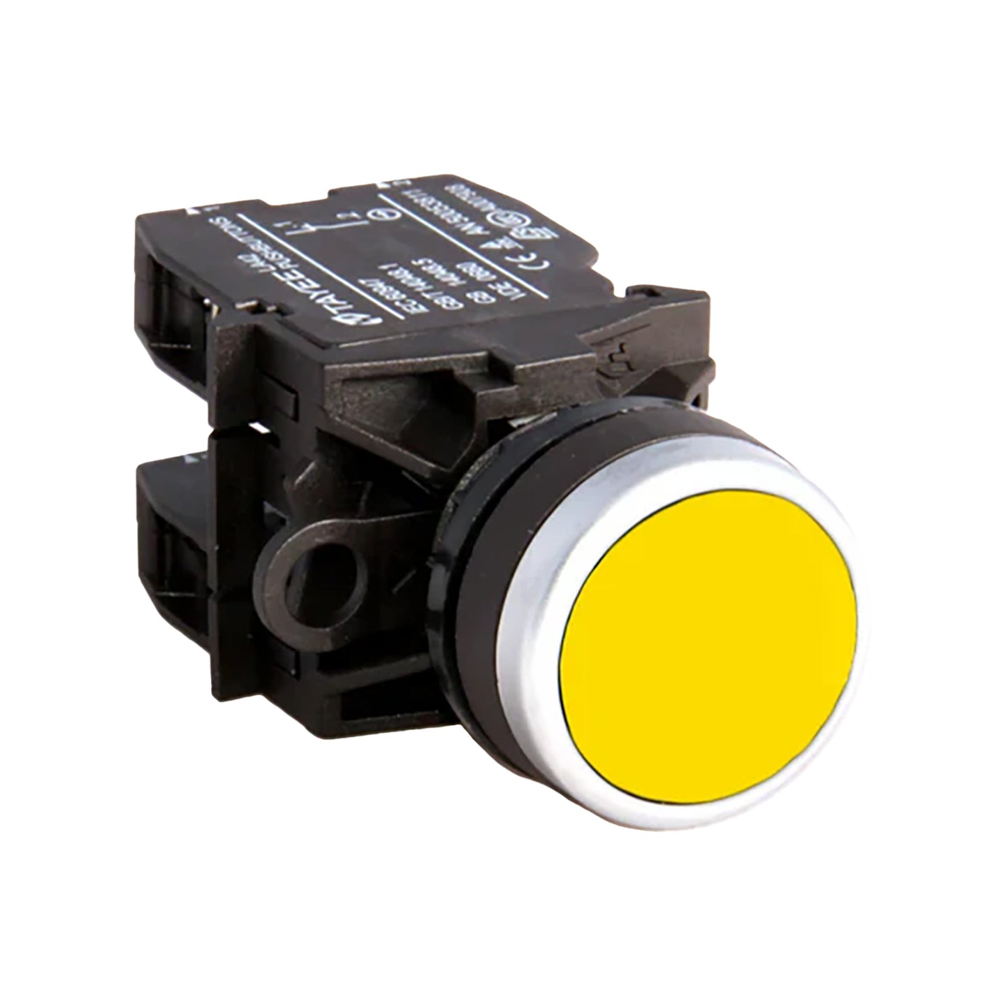 Yellow button switch with black casing on a white background.
