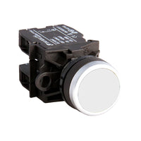 White button switch with black casing on a white background.