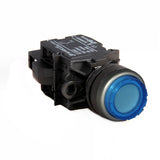 Blue illuminated button switch with black casing on a white background.