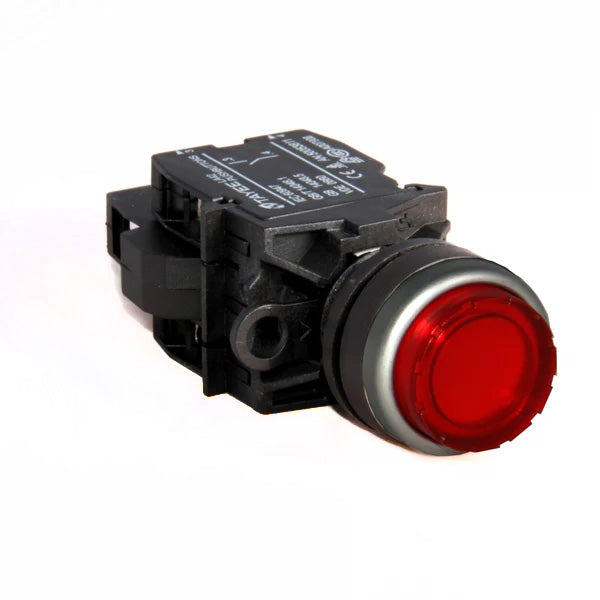 Red illuminated button switch with black casing on a white background.