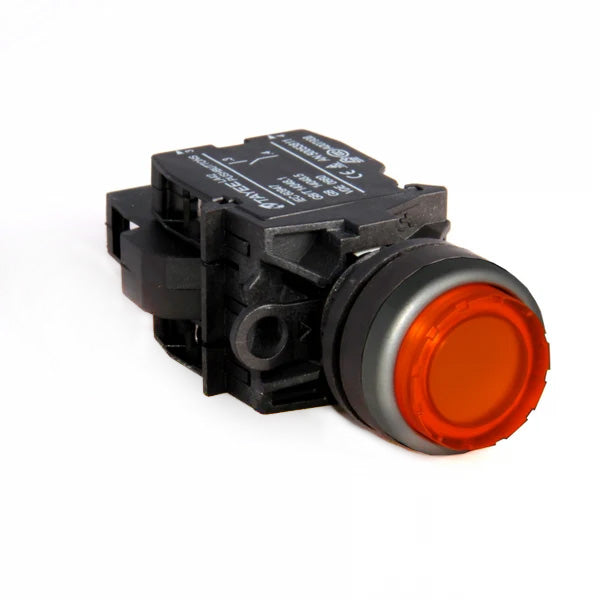 Amber illuminated button switch with black casing on a white background.