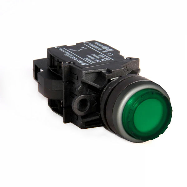 Green illuminated button switch with black casing on a white background.