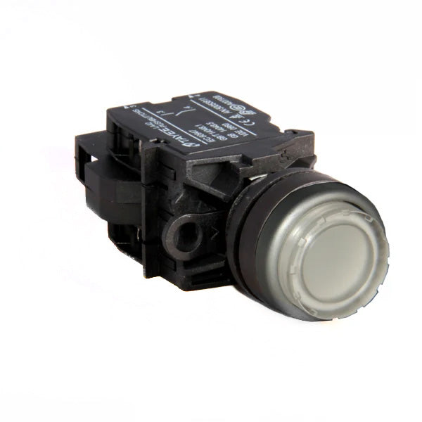 White Illuminated button switch with black casing on a white background.