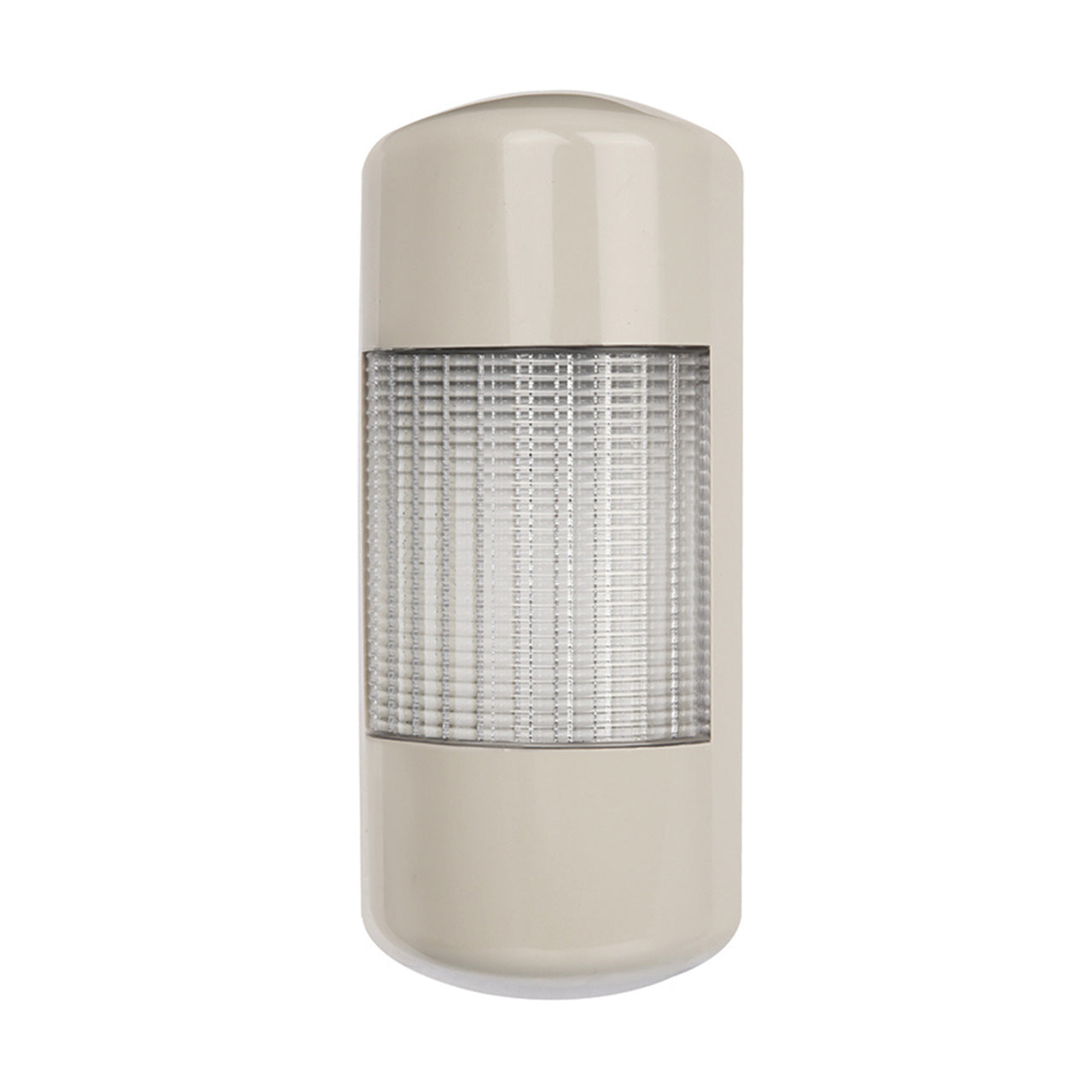 A tan wall mount LED tower light with a full clear lens and three color backlit LEDs on a white background.