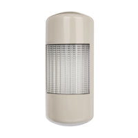 A tan wall mount LED tower light with a full clear lens and three color backlit LEDs on a white background.