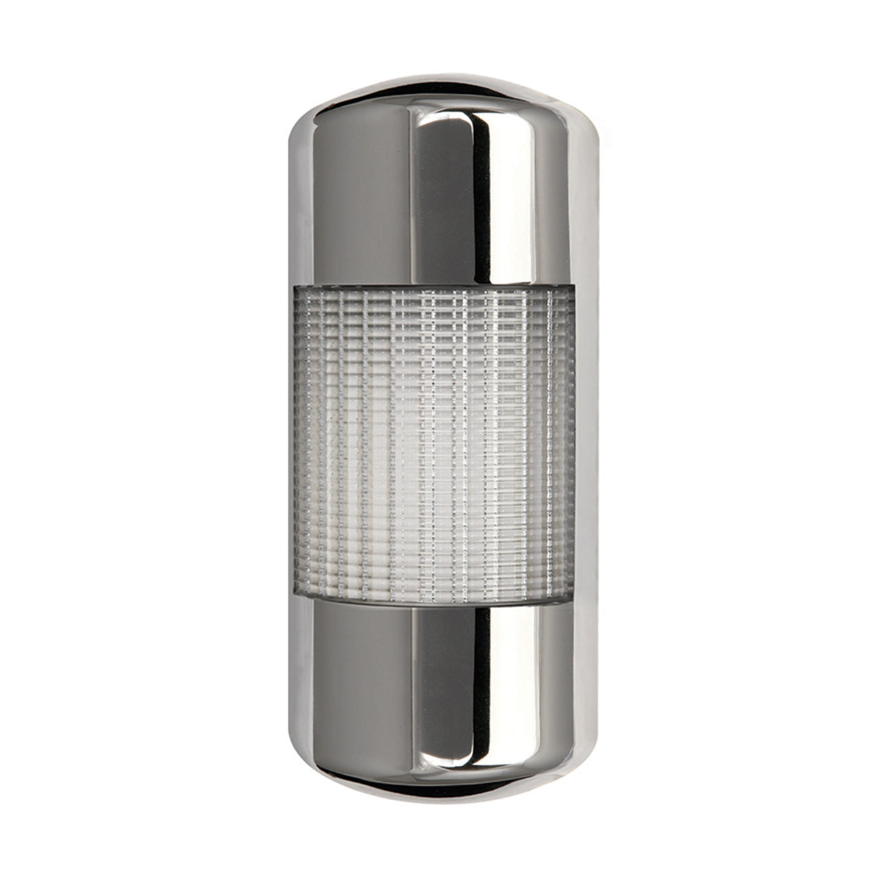 A chrome wall mount LED tower light with a full clear lens and three color backlit LEDs on a white background.