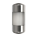 A chrome wall mount LED tower light with a full clear lens and three color backlit LEDs on a white background.