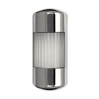 A chrome wall mount LED tower light with a full clear lens and three color backlit LEDs on a white background.