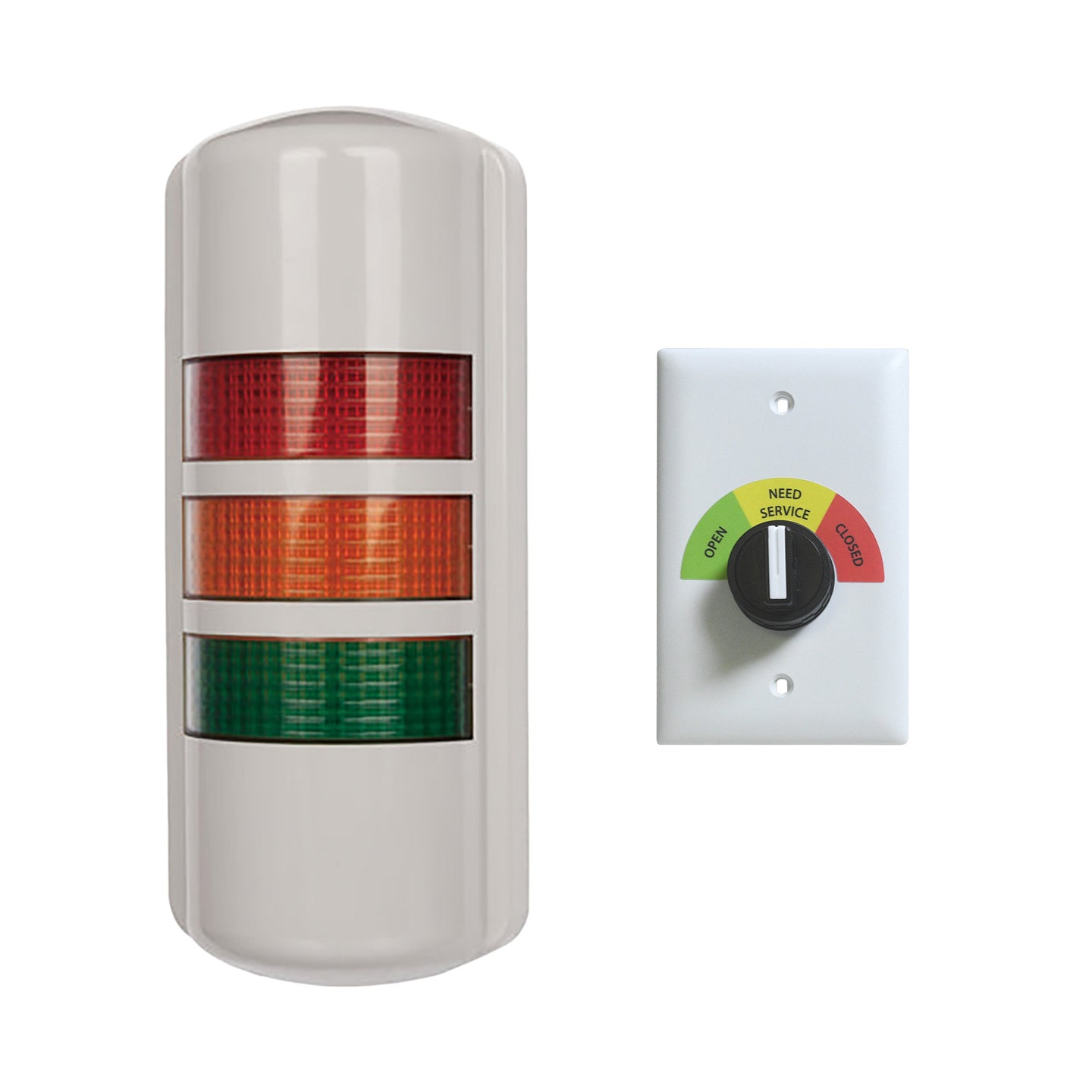 Three-color light with tan housing with red, amber, and green lights paired with white 3-position switch plate on a white background