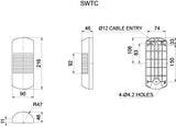 Black on white dimensional diagram of wall mount tower light.