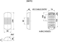 Black on white dimensional diagram of wall mount tower light.