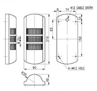 Black and white diagram depicting housing SWTL wall mount tower light dimensions.
