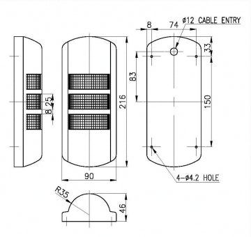 Black and white diagram depicting housing SWTL wall mount tower light dimensions.