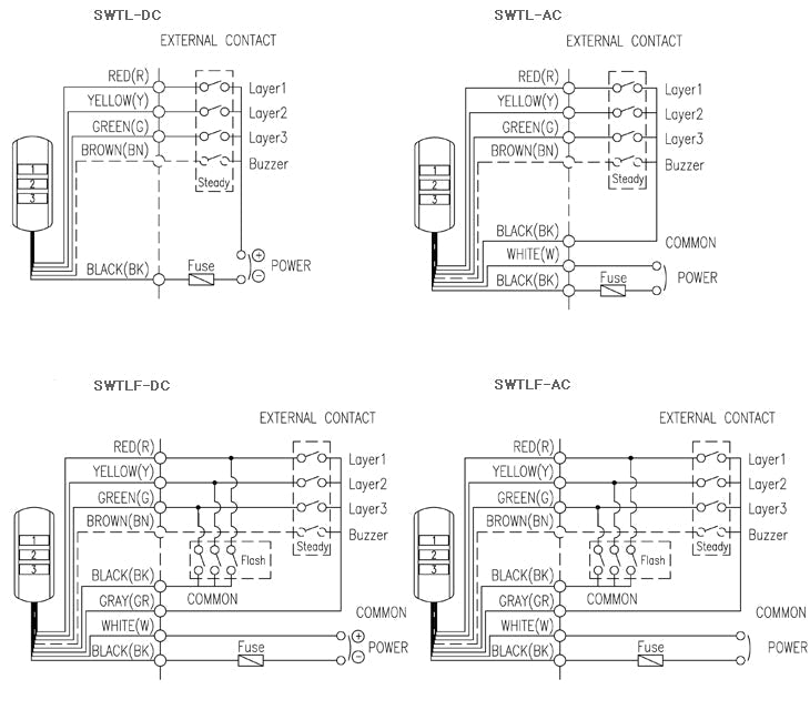 Black and white wiring diagram depicting external contacts.