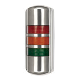 Wall mounted tower light; Red-Amber-Green with chrome cover on white background.