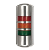 Wall mounted tower light; Red-Amber-Green with chrome cover on white background.