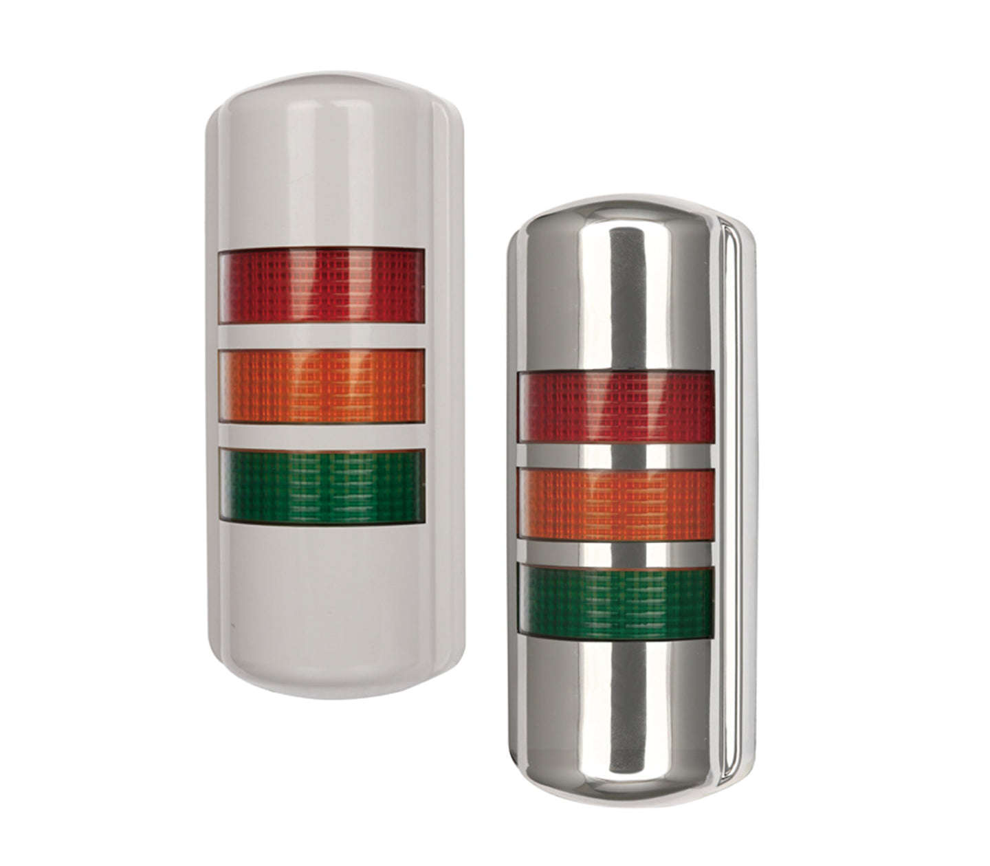 Color Options for a wall mounted tower light; Red-Amber-Green with Tan or Chrome Covers on white background..