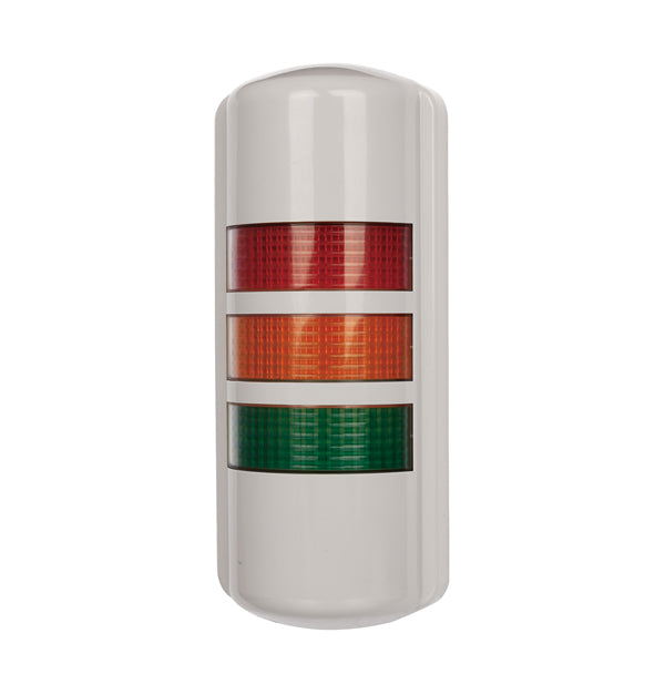Wall mounted tower light; Red-Amber-Green with tan cover on white background.
