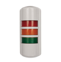 Wall mounted tower light; Red-Amber-Green with tan cover on white background.