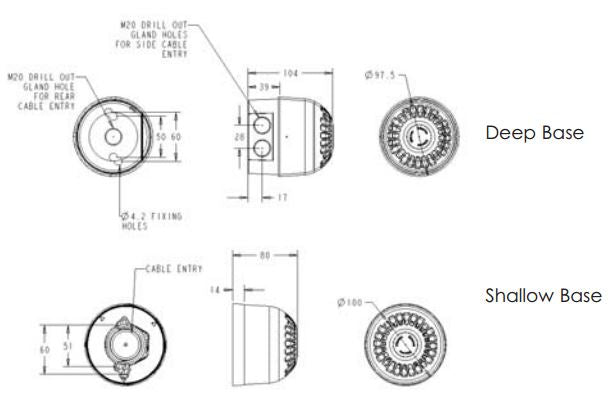 Black on white technical drawing of an electronic alarm with labeled parts and dimensions.