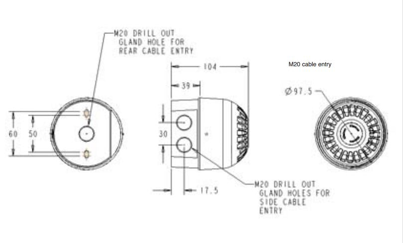 Black on white technical drawing of an electronic alarm with labeled parts and dimensions.