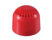 Shallow red dome-shaped alarm with vented top on a white background.