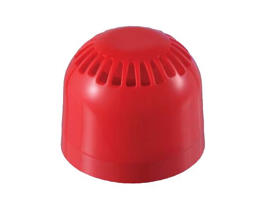 Shallow red dome-shaped alarm with vented top on a white background.