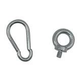 Carabiner and circular screw on a white background.