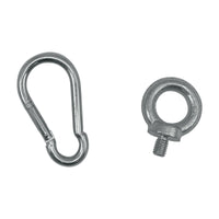 Carabiner and circular screw on a white background.