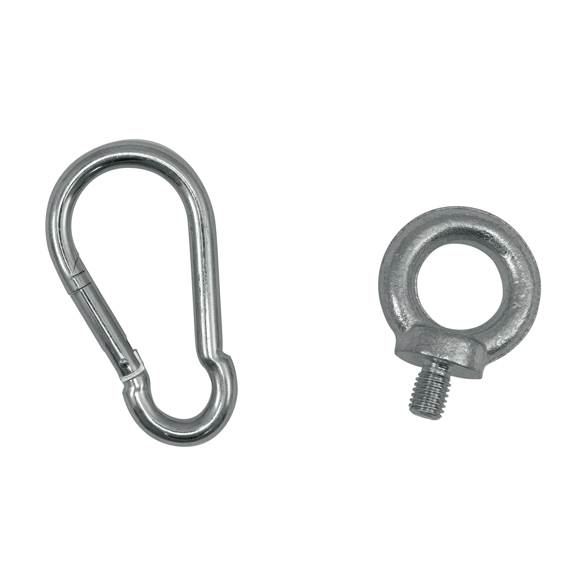 Carabiner and circular screw on a white background.