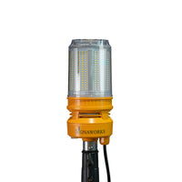 An unilluminated 'Signaworks' branded LED light mounted on a tripod, black power cord and 3-position switch on a white background.