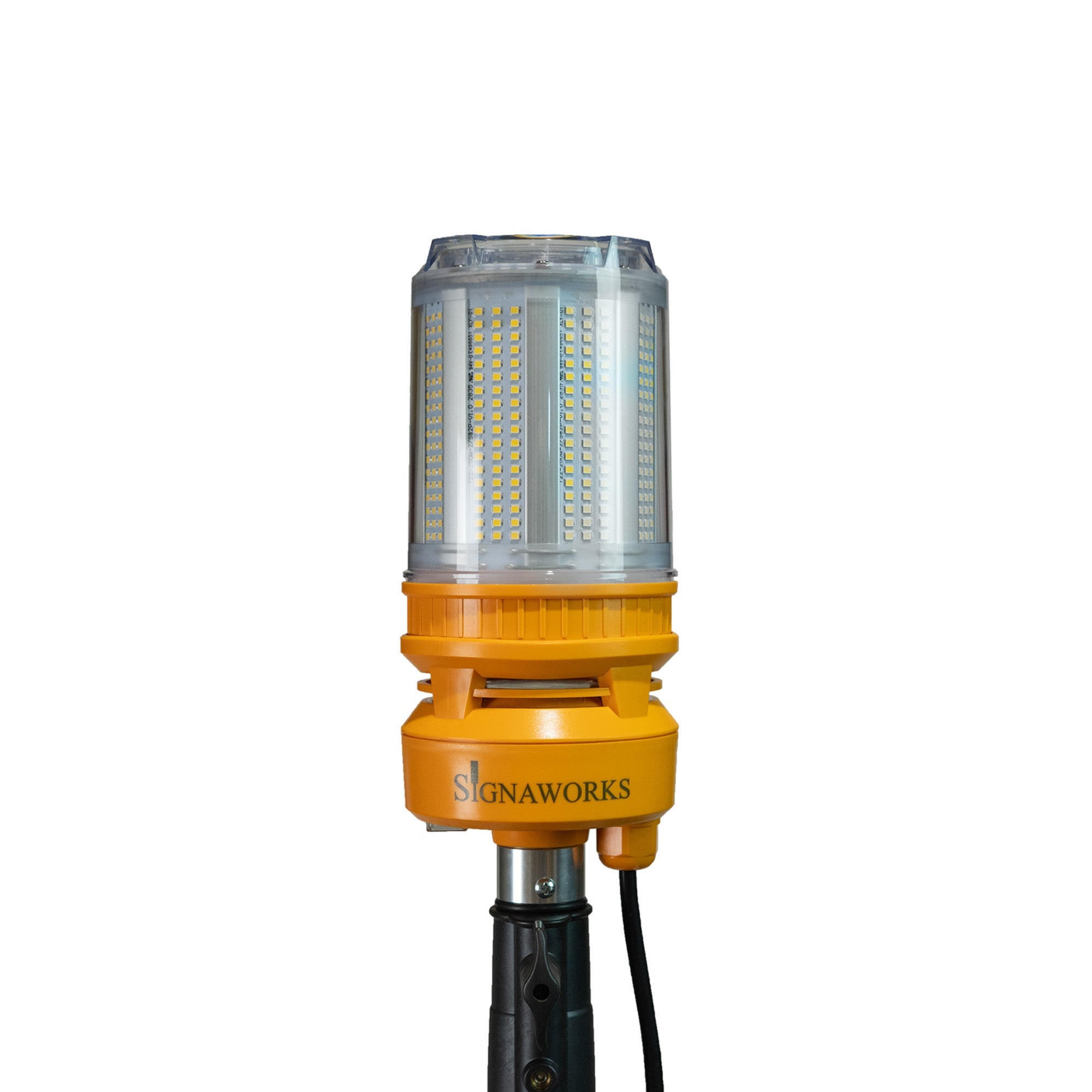 An unilluminated 'Signaworks' branded LED light mounted on a tripod, black power cord and 3-position switch on a white background.