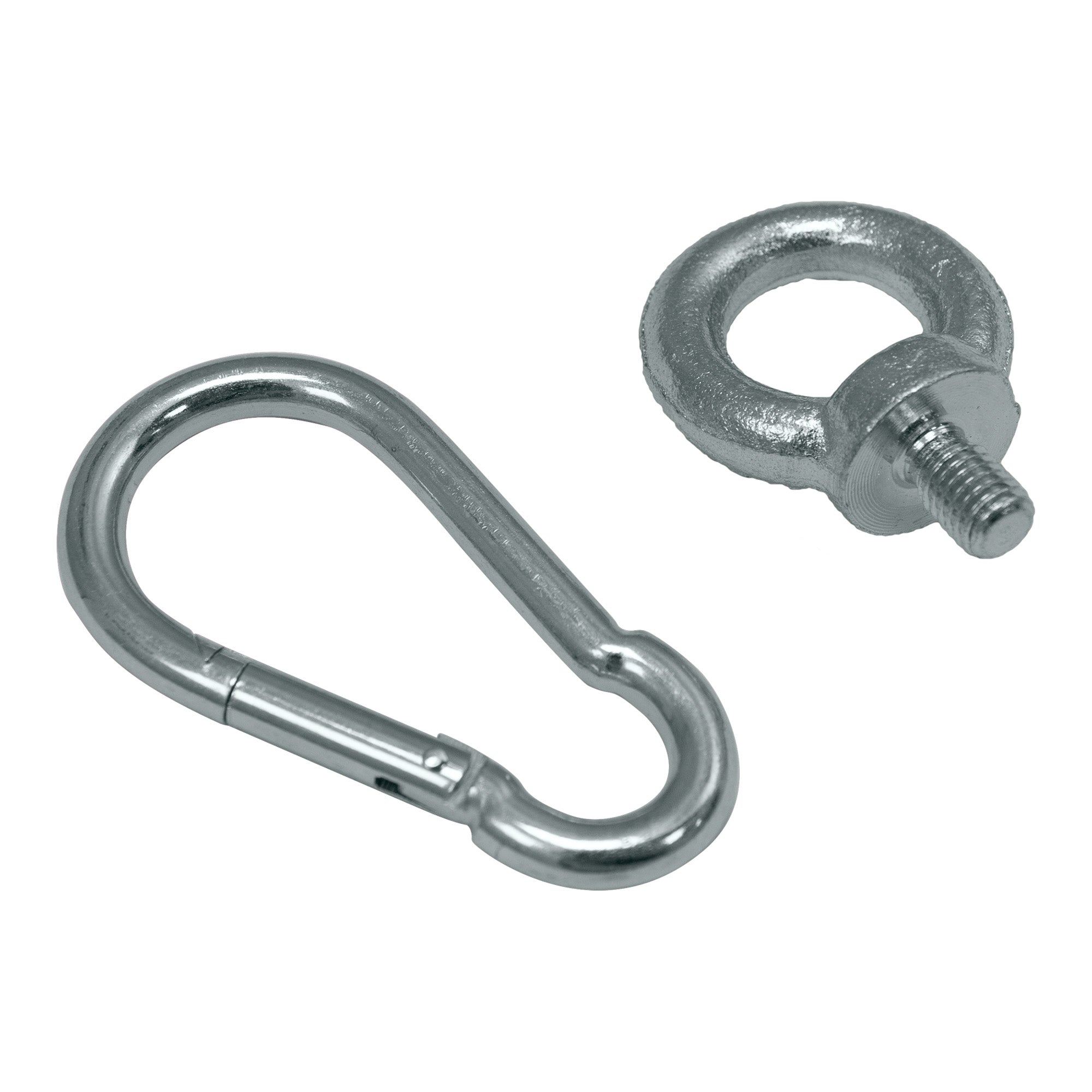 Carabiner and circular screw on a white background.