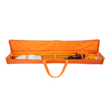 Orange open nylon case with two straps with tripod, light, diffuser and mounting hardware on a white background.