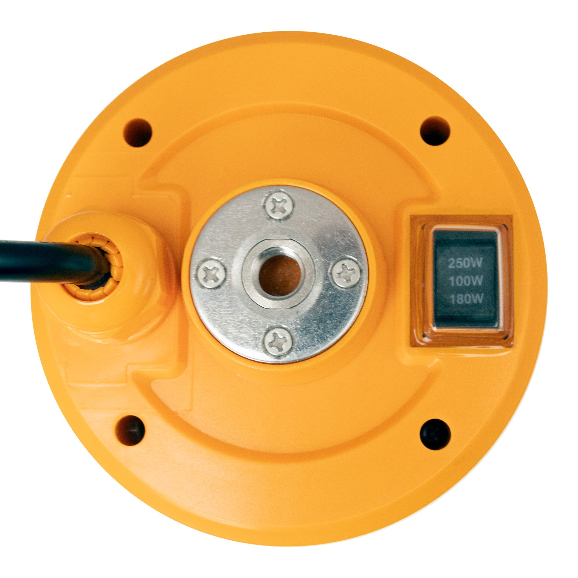 Yellow circular face of LED traffic light with 3-position toggle switch labeled '250W,' '100W' and '180W' with a black power cord on a white background.