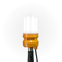 Illuminated 'Signaworks' branded LED light mounted on a tripod, black power cord and 3-position switch on a white background.