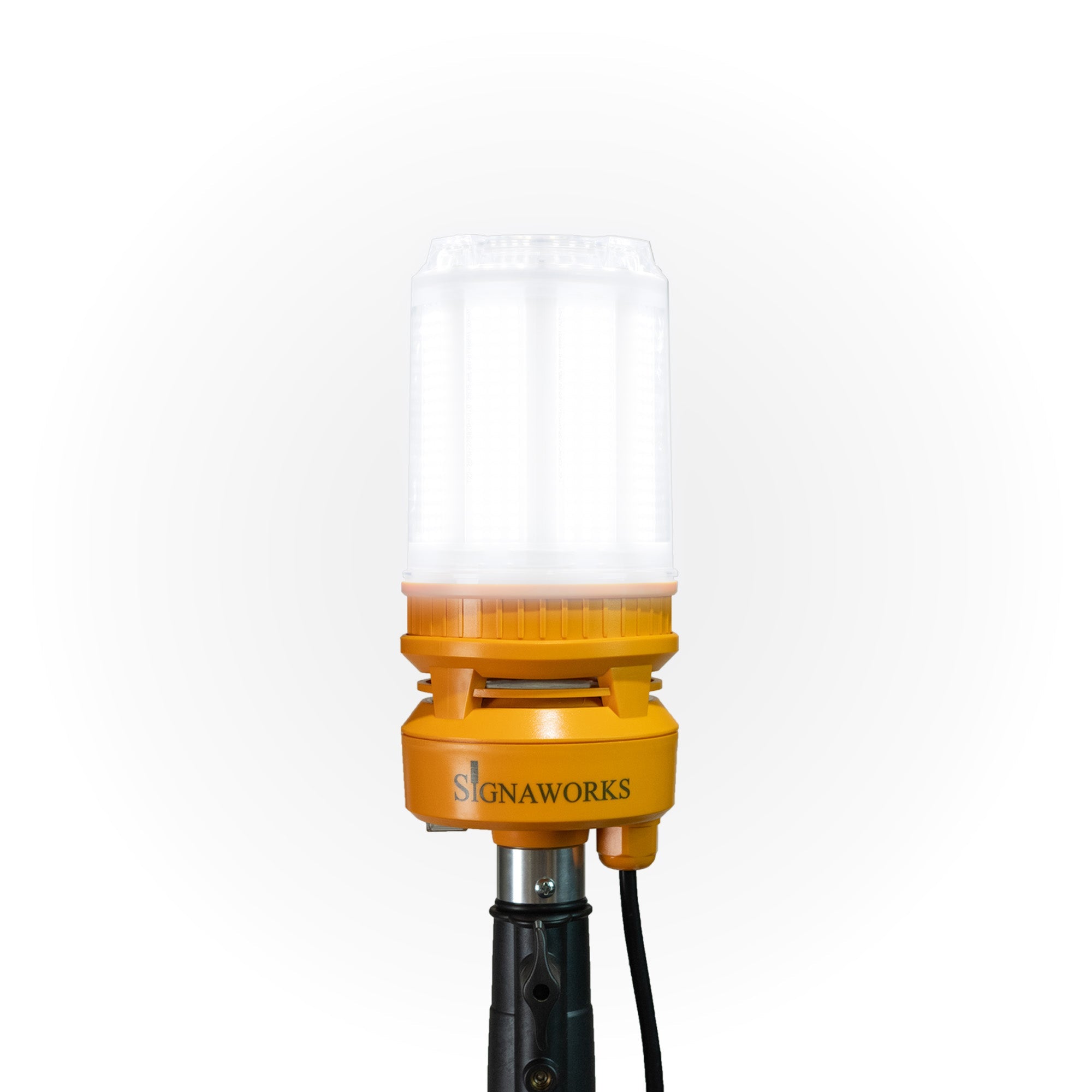 Illuminated 'Signaworks' branded LED light mounted on a tripod, black power cord and 3-position switch on a white background.