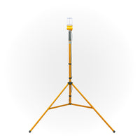 Illuminated 'Signaworks' branded LED light mounted on a yellow tripod, black power cord and 3-position switch on a white background.