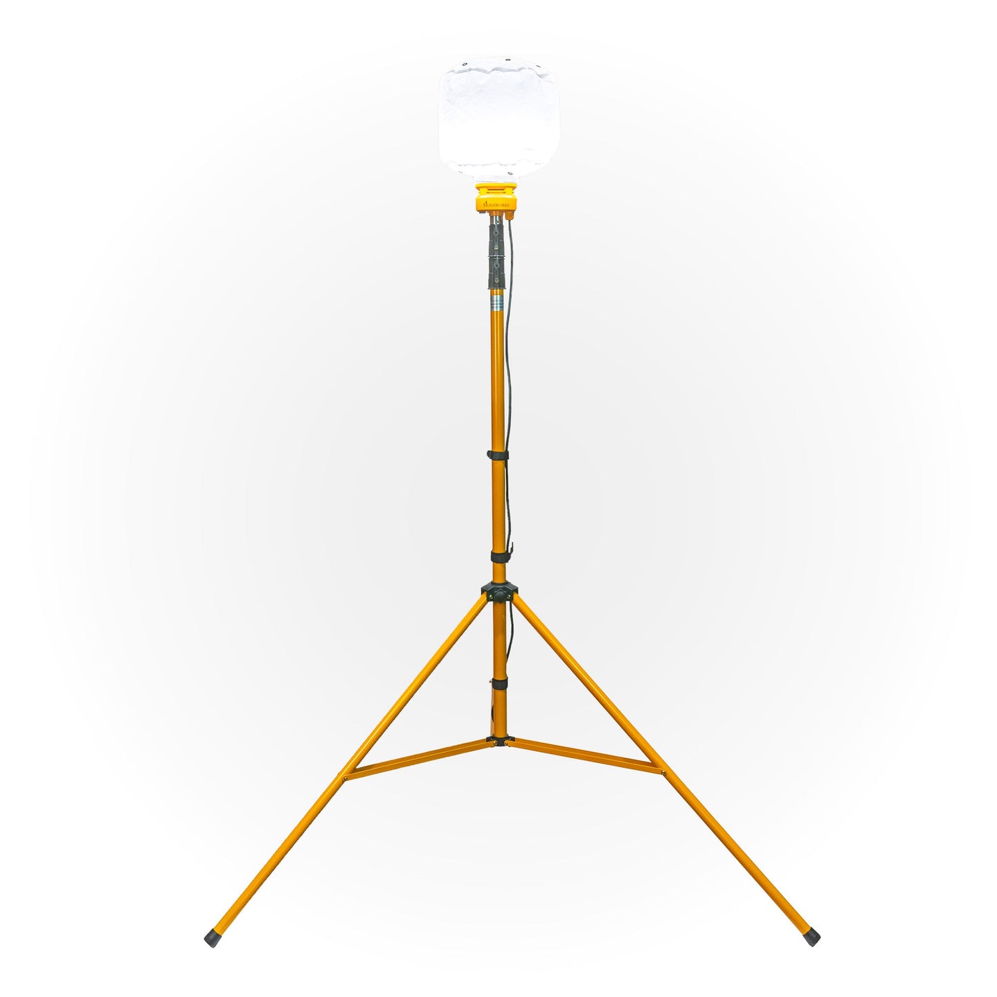 Illuminated 'Signaworks' branded diffused LED light mounted on a yellow tripod, black power cord and 3-position switch on a white background.