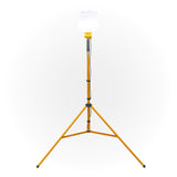 Illuminated 'Signaworks' branded diffused LED light mounted on a yellow tripod, black power cord and 3-position switch on a white background.