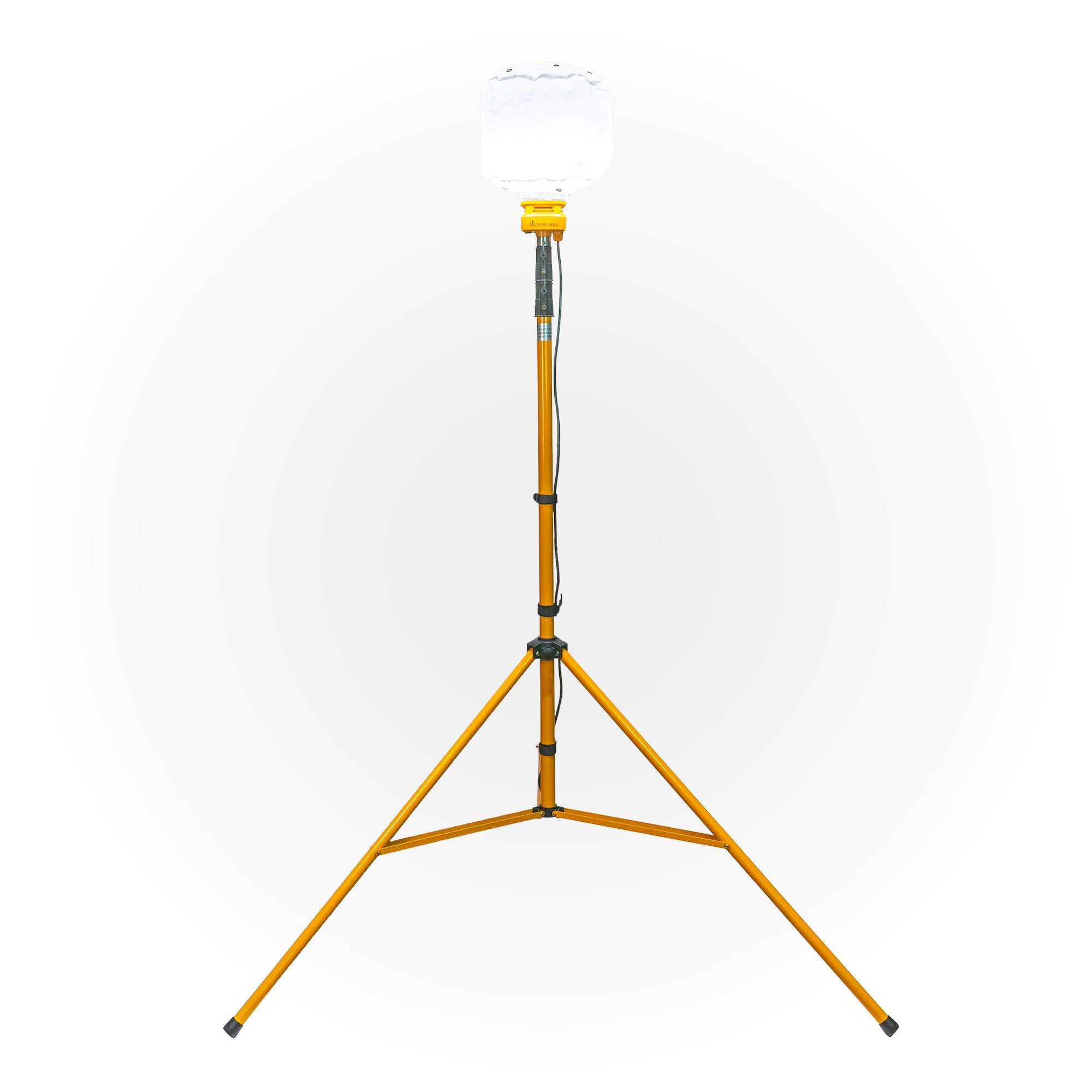 Illuminated 'Signaworks' branded diffused LED light mounted on a yellow tripod, black power cord and 3-position switch on a white background.