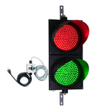 A 12 inch diameter LED traffic light with red and green lenses, including a 3 position switch box and power cord.