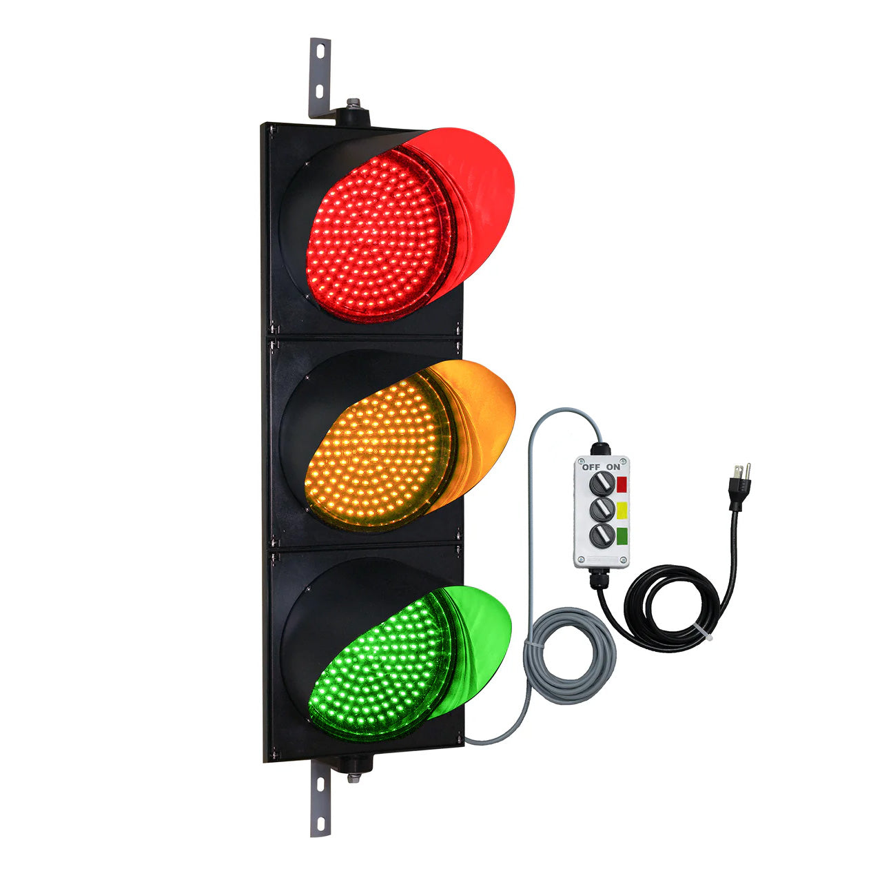 Traffic light with red, amber and green lights with a 2-position switch control box on a white background.