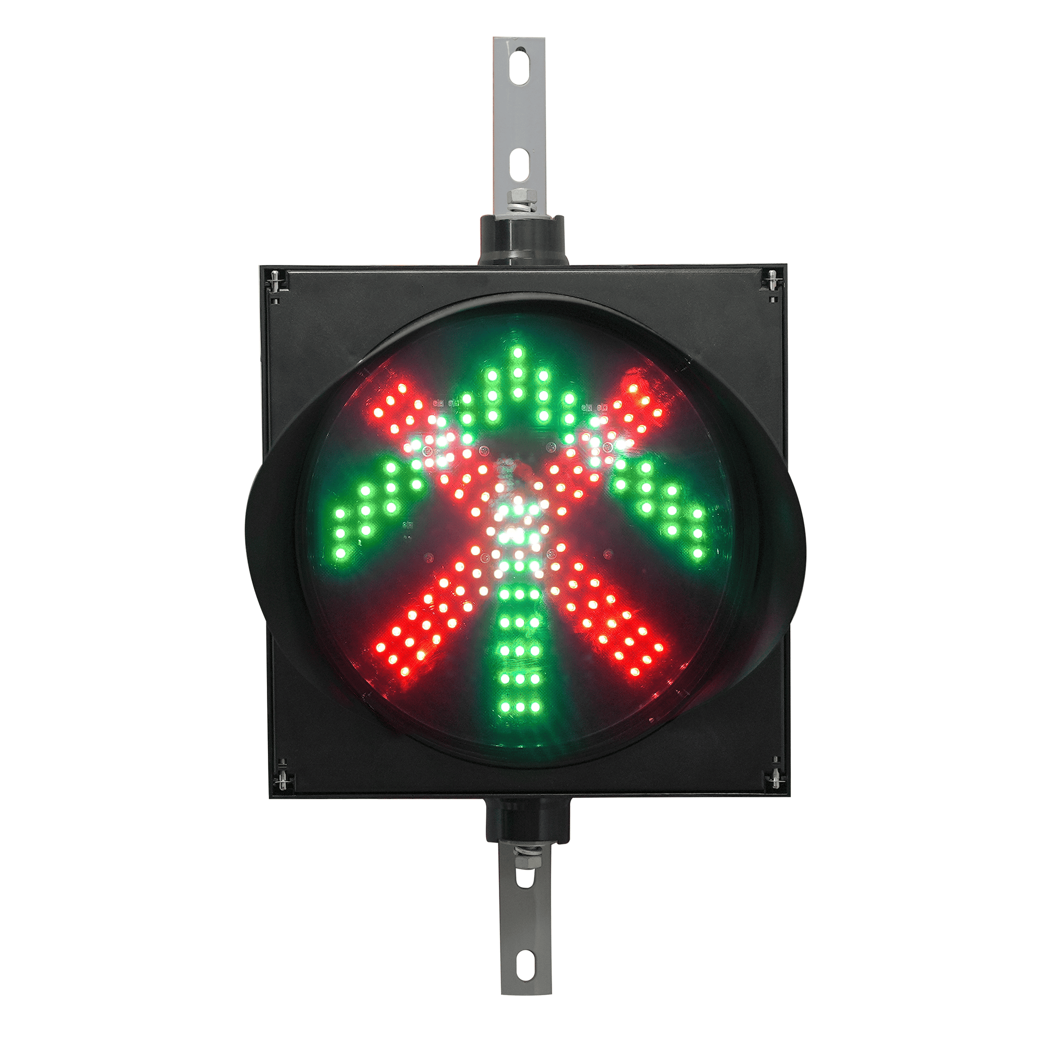 A 12 inch diameter 2-in-1 lens LED traffic light with red X and green arrow signals, mounted on a black housing with two steel right angle mounting brackets.