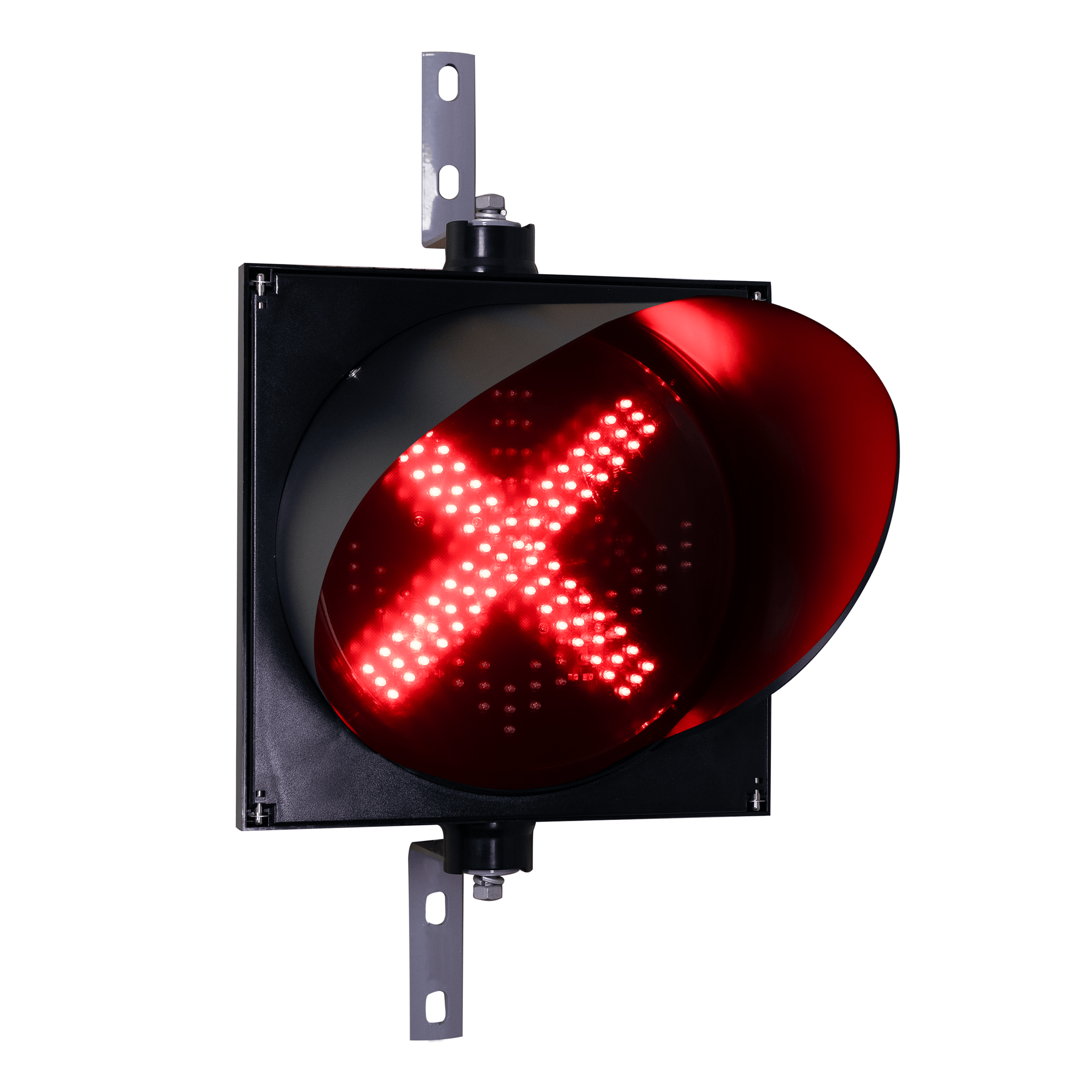 12 inch traffic light with red X and steel mounting brackets on a white background.
