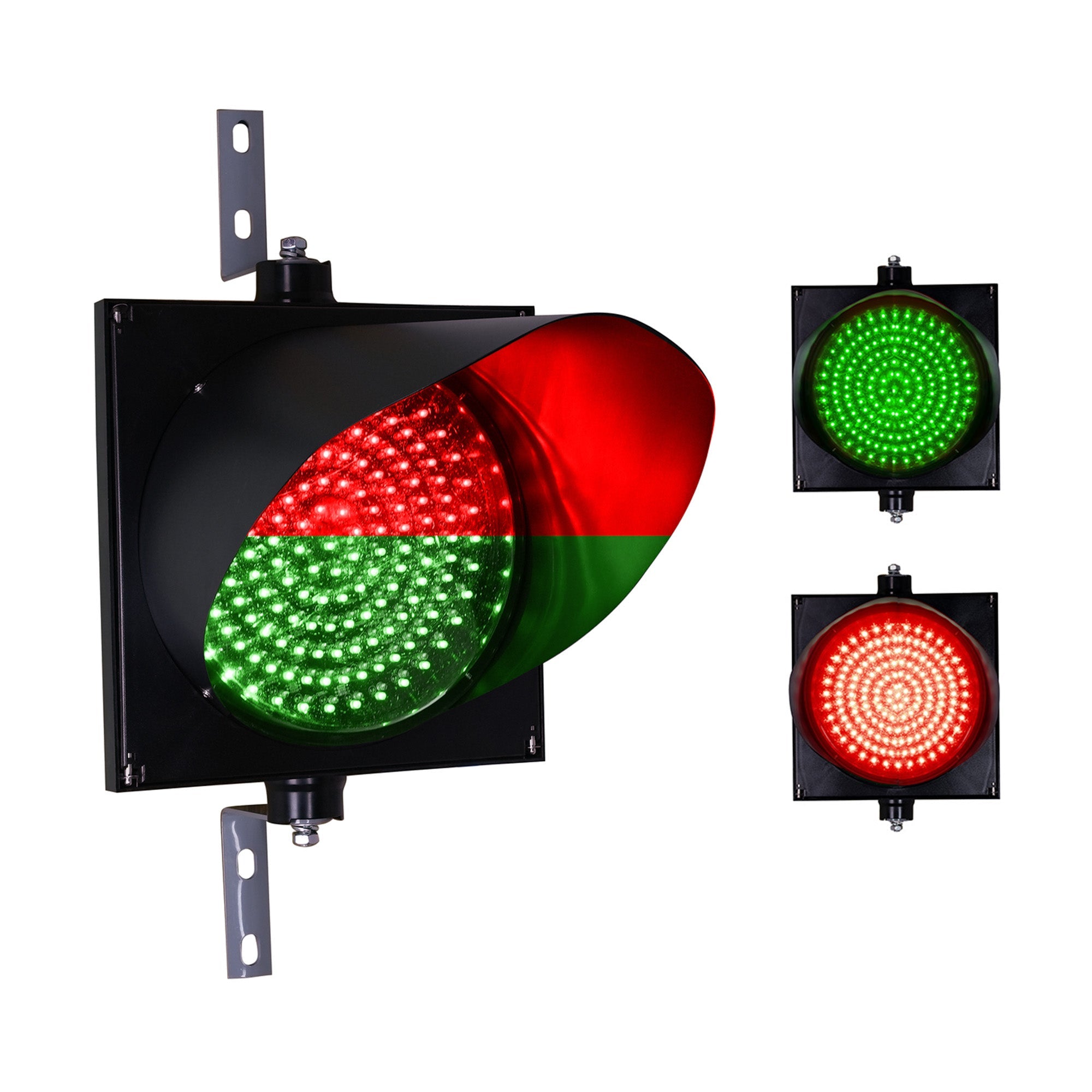 Red and green 12 inch traffic light with 2 color options and steel mounting brackets on a white background.