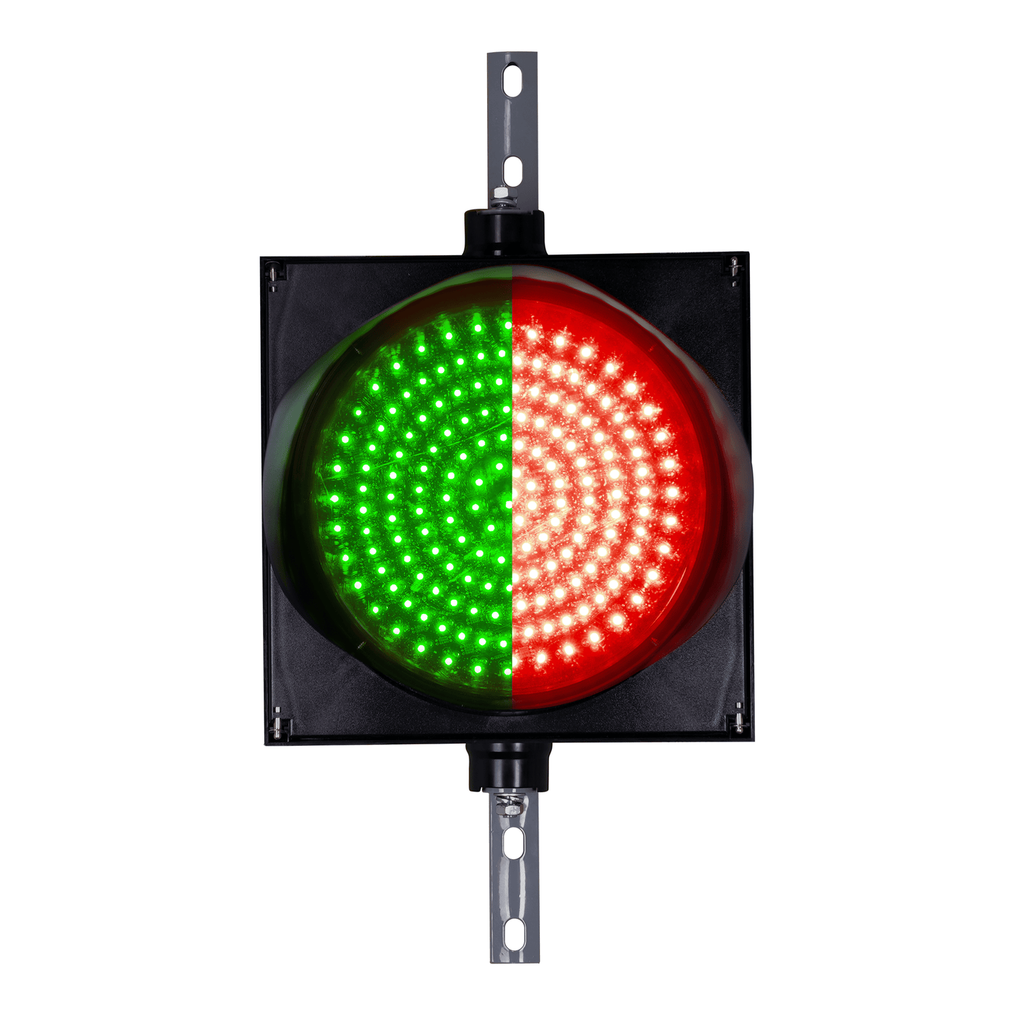 12 inch bi-color traffic light with steel mounting brackets on a white background.