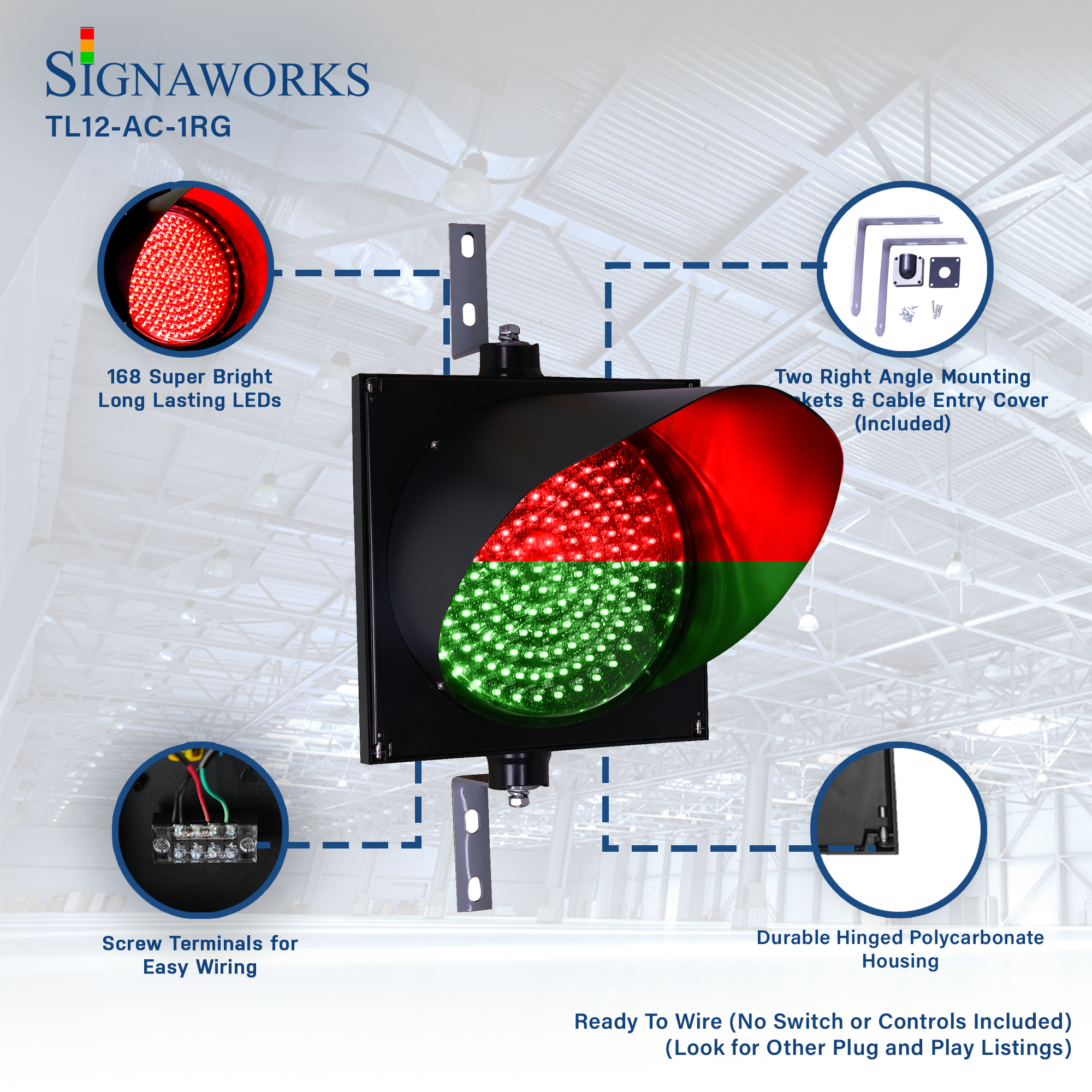 'Signaworks' branded graphic featuring LED quality, mounting brackets, wiring terminals and housing construction.