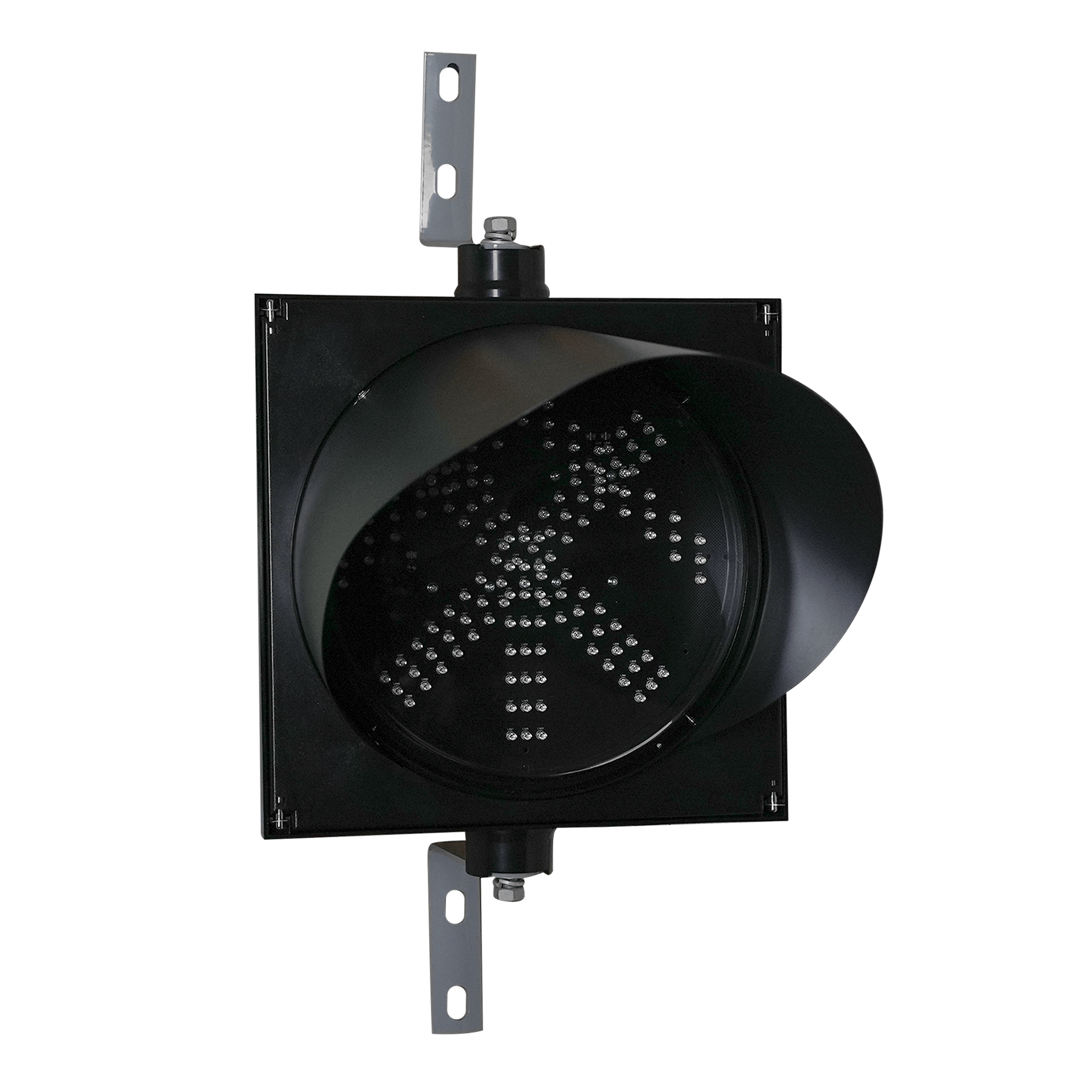 12 inch single-lens traffic light with an 'X' and 'Arrow' designs and steel mounting brackets on a white background.